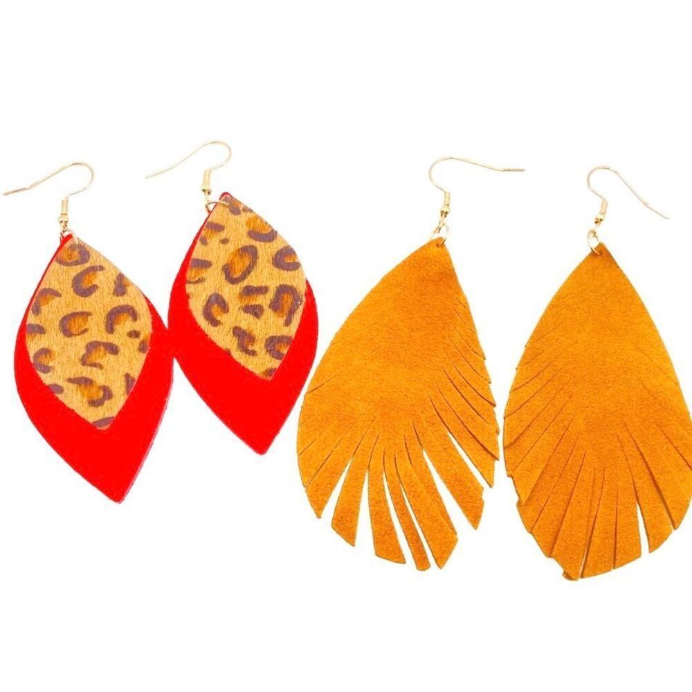 Set of 2 boho faux leather tear drop dangle earrings